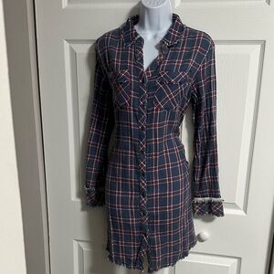 Hummingbird Navy and Red Plaid Long Sleeve Dress